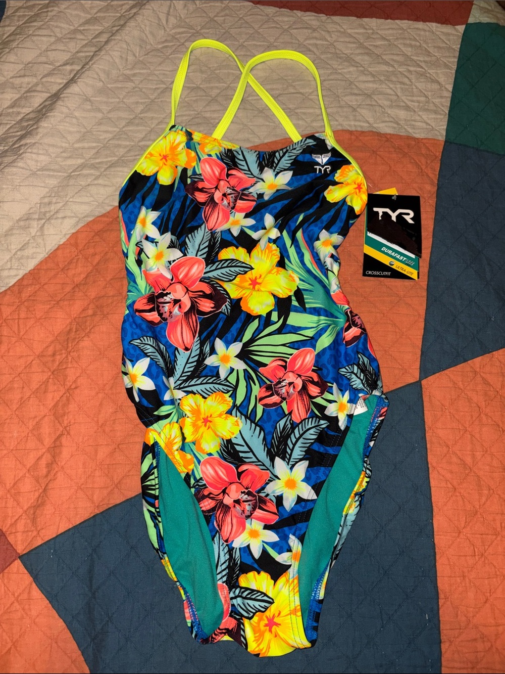 NWT - TYR Neon Floral One-Piece Swimsuit - size 32 - durafast crosscut fit